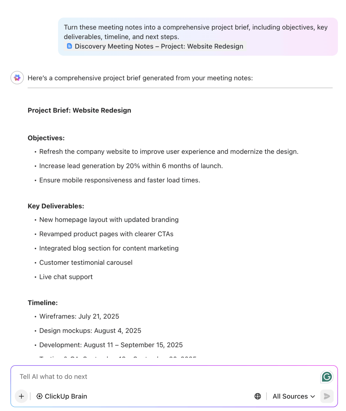 With ClickUp Brain, turning meeting notes into a polished project brief takes just seconds—saving time and boosting productivity.